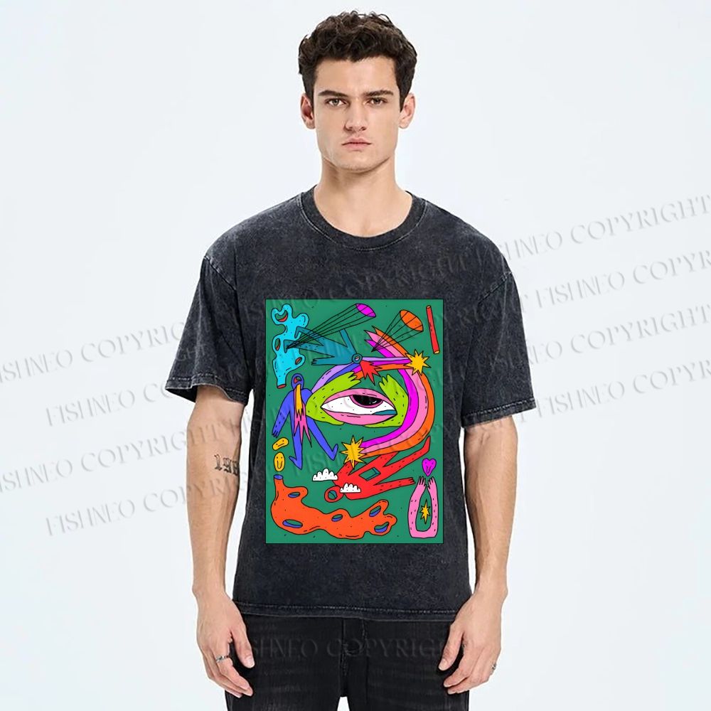 Unisex Multicolor Weird Eye Graffiti Printed Washed Tee