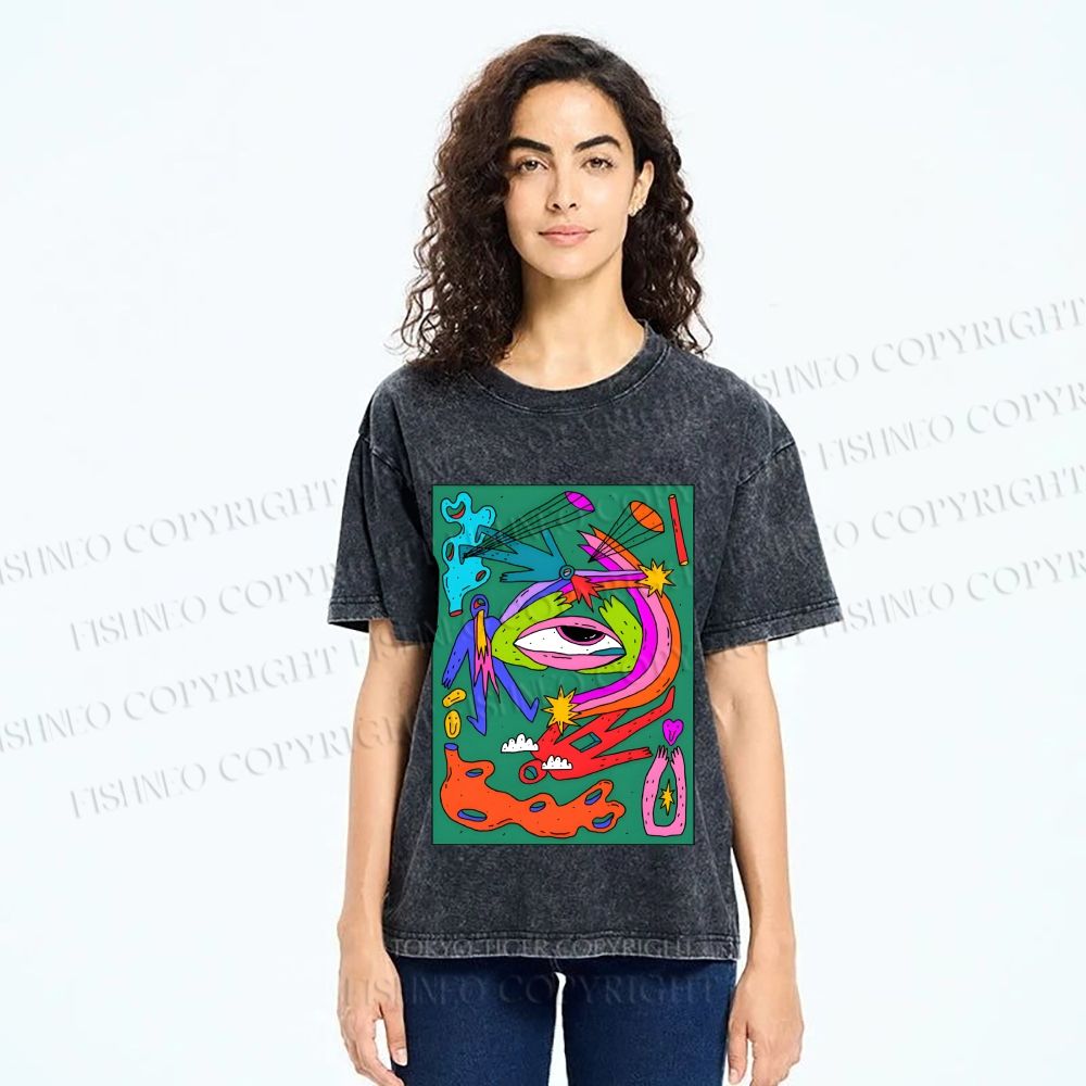 Unisex Multicolor Weird Eye Graffiti Printed Washed Tee