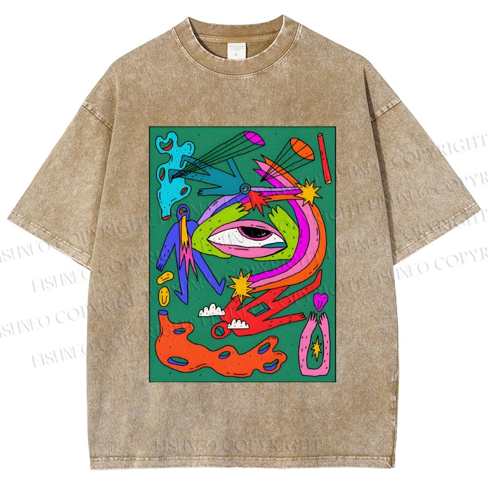 Unisex Multicolor Weird Eye Graffiti Printed Washed Tee
