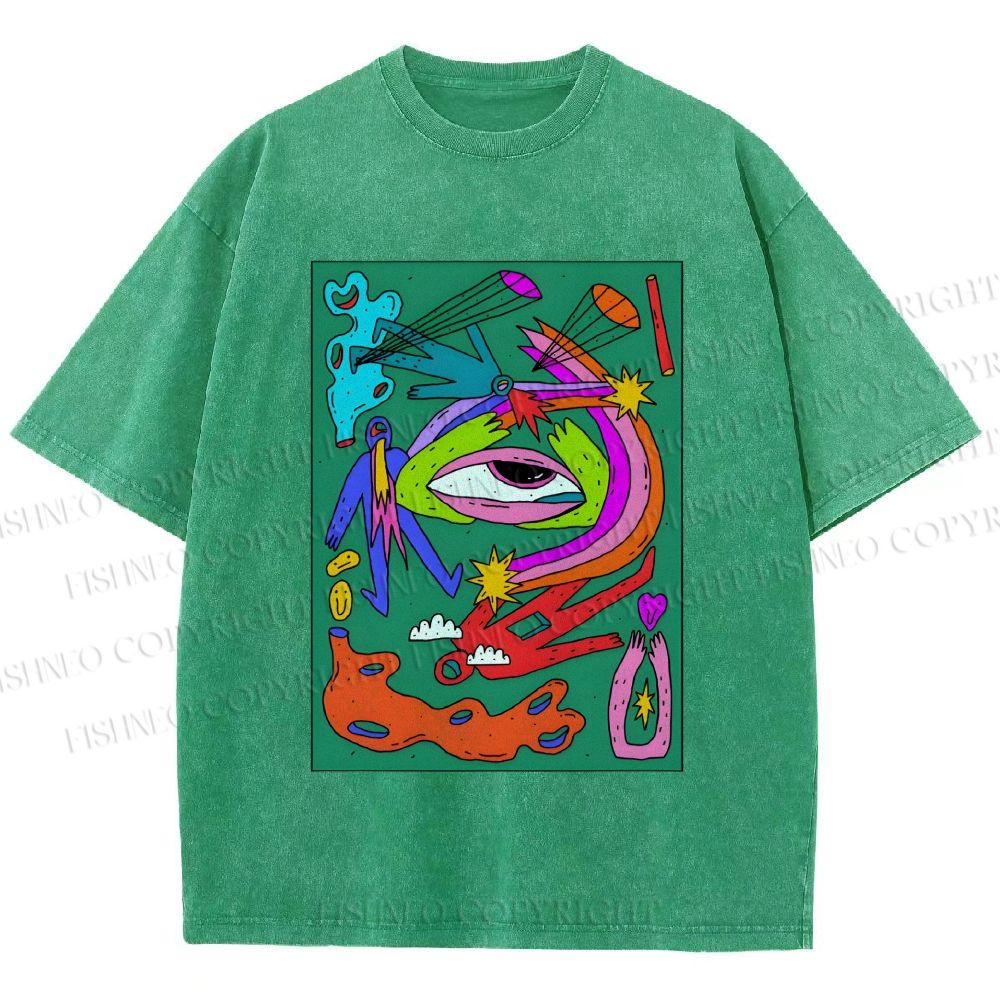 Unisex Multicolor Weird Eye Graffiti Printed Washed Tee