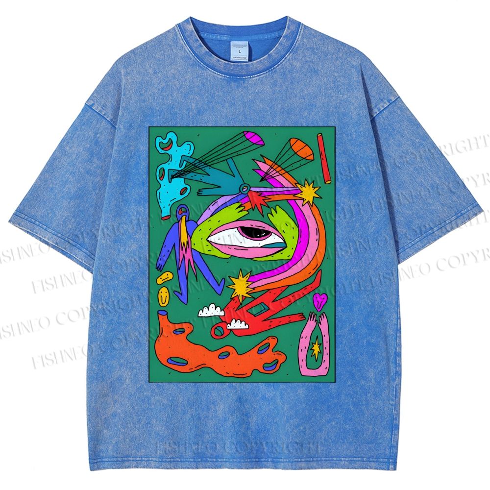 Unisex Multicolor Weird Eye Graffiti Printed Washed Tee