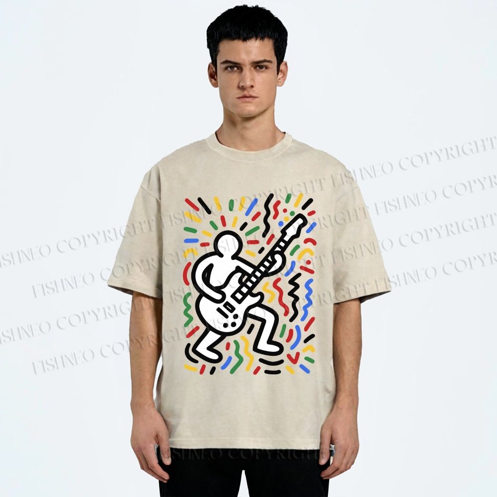Unisex Keith Haring Bass Playing Printed Washed Tee