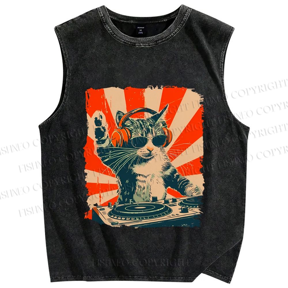 Cool Cat DJ Poster Showa Retro Vintage Distressed Washed Tank Top