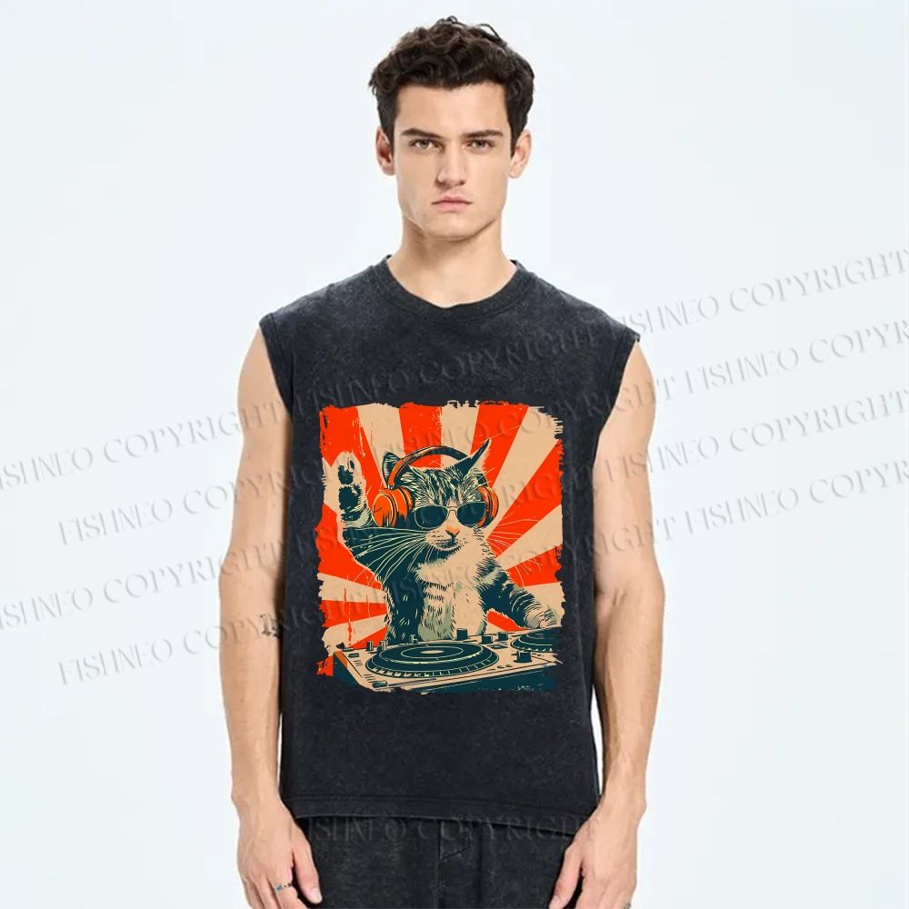Cool Cat DJ Poster Showa Retro Vintage Distressed Washed Tank Top