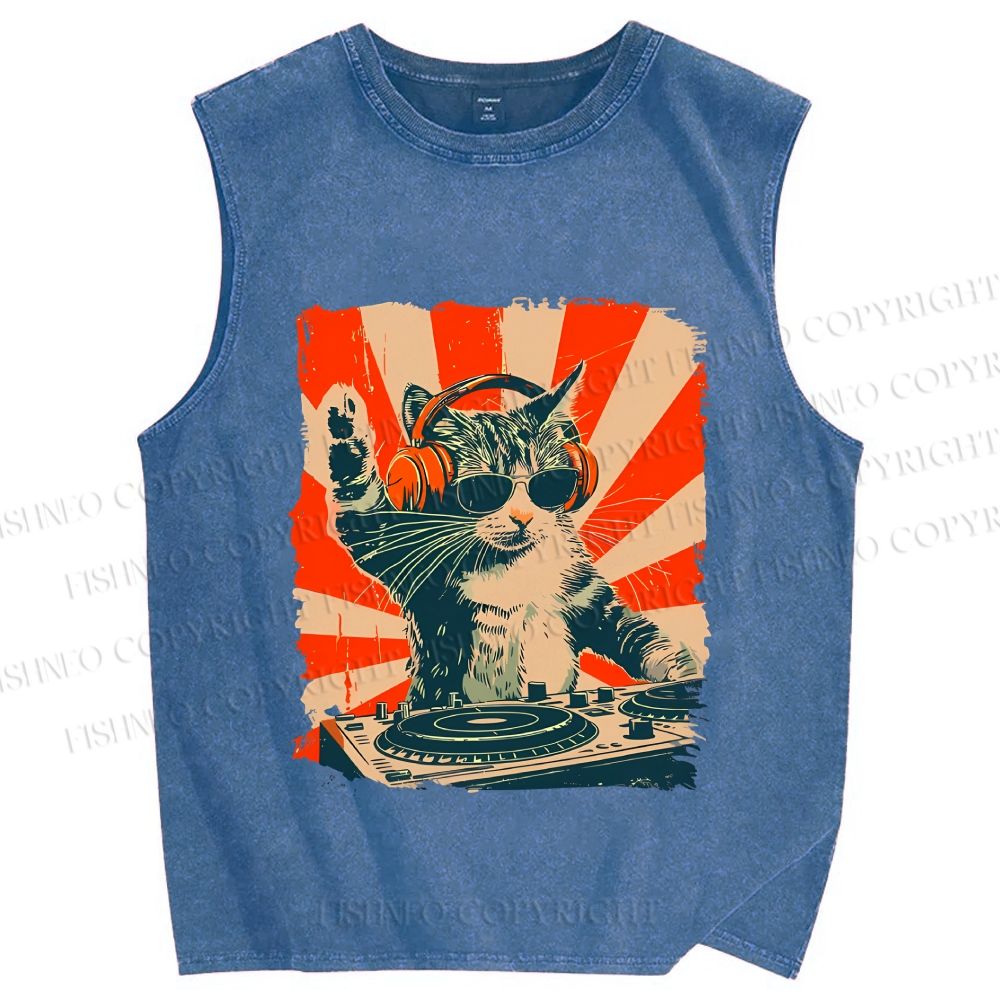 Cool Cat DJ Poster Showa Retro Vintage Distressed Washed Tank Top
