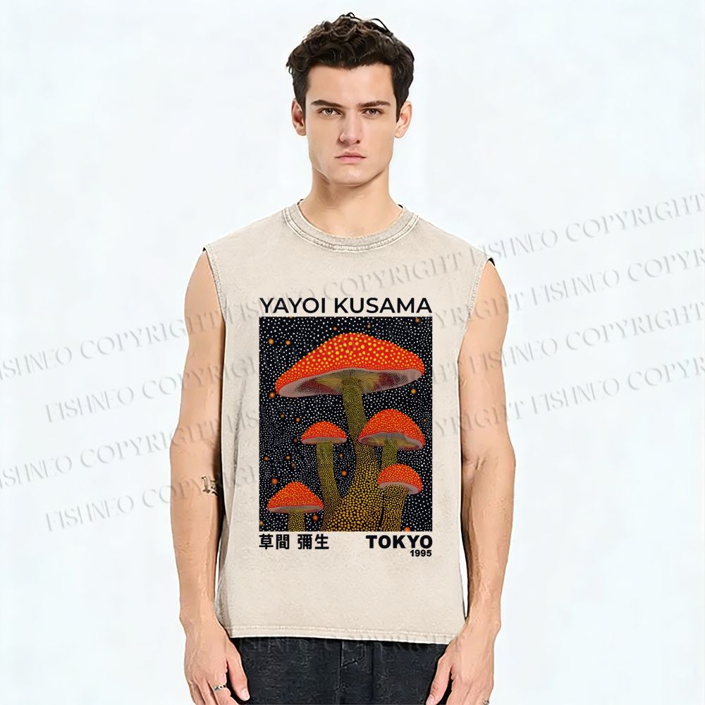 Unisex Yayoi Kusama Red Mushroom Printed Washed Tank Top