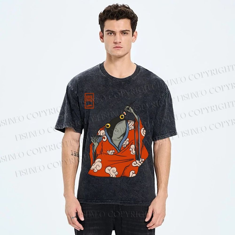 Unisex Funny Frogs Eating Sushi Matsumoto Hoji Printed Washed Tee