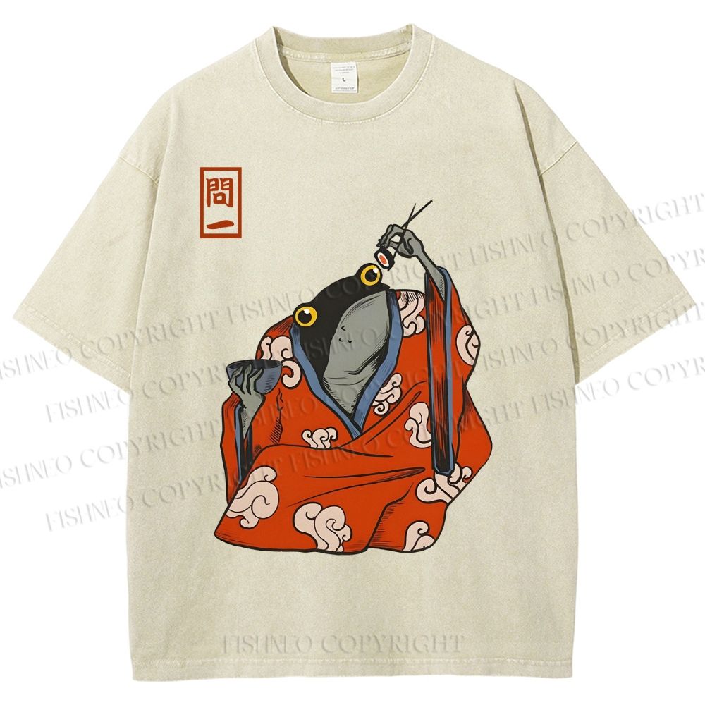 Unisex Funny Frogs Eating Sushi Matsumoto Hoji Printed Washed Tee