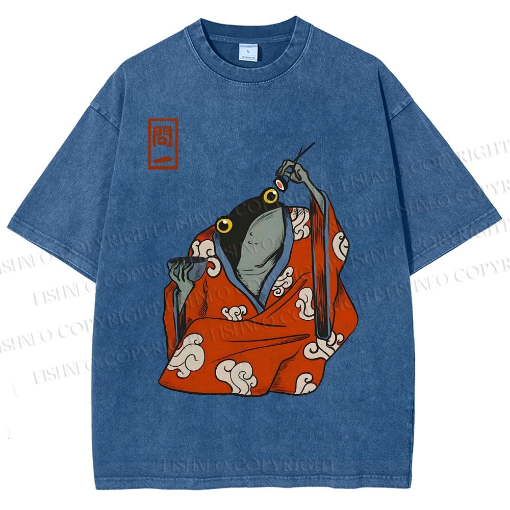 Unisex Funny Frogs Eating Sushi Matsumoto Hoji Printed Washed Tee