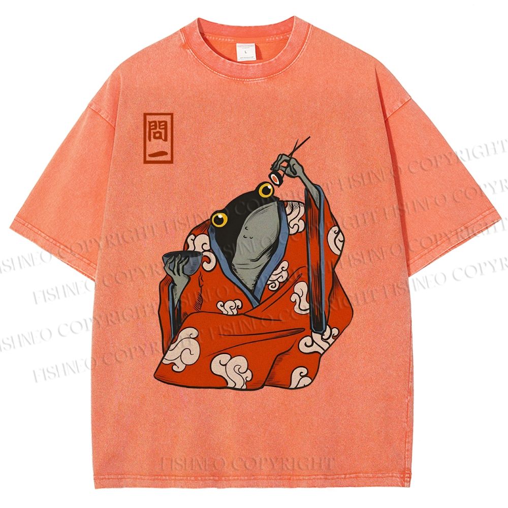 Unisex Funny Frogs Eating Sushi Matsumoto Hoji Printed Washed Tee