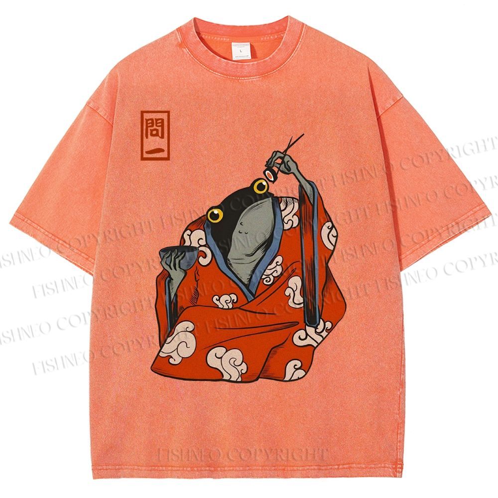 Unisex Funny Frogs Eating Sushi Matsumoto Hoji Printed Washed Tee