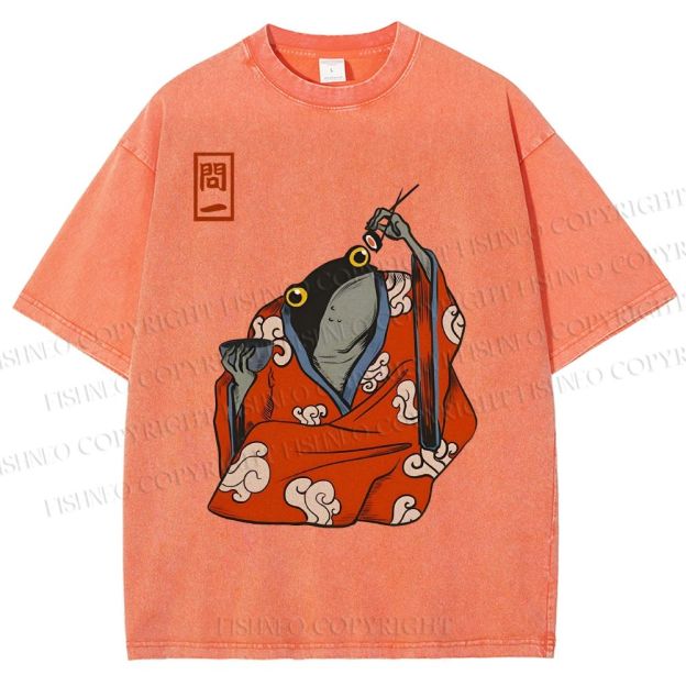 Unisex Funny Frogs Eating Sushi Matsumoto Hoji Printed Washed Tee