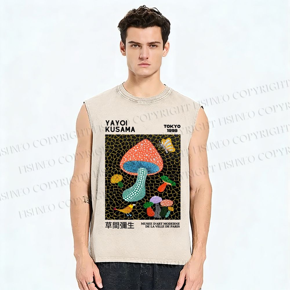 Unisex Yayoi Kusama Mushroom Printed Washed Tank Top