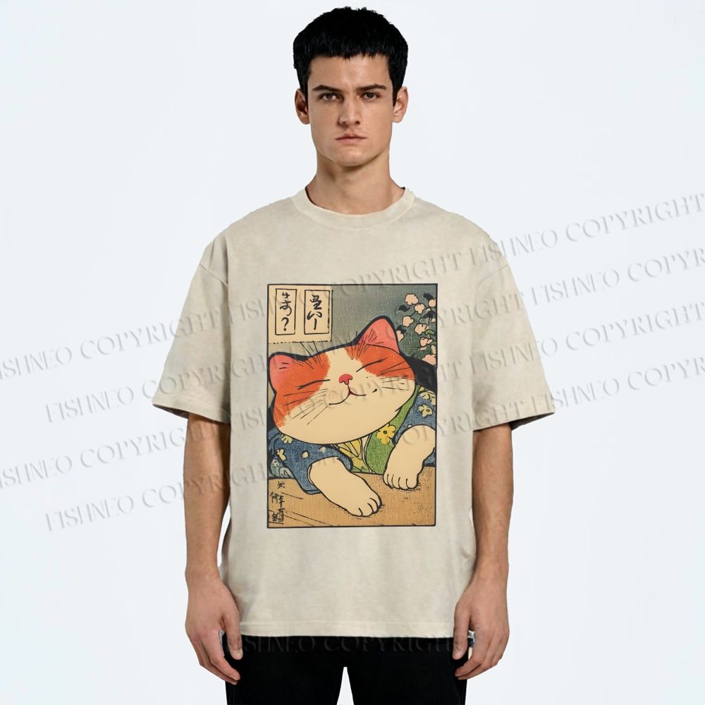 Unisex Japanese Vintage Cat Printed Washed Tee