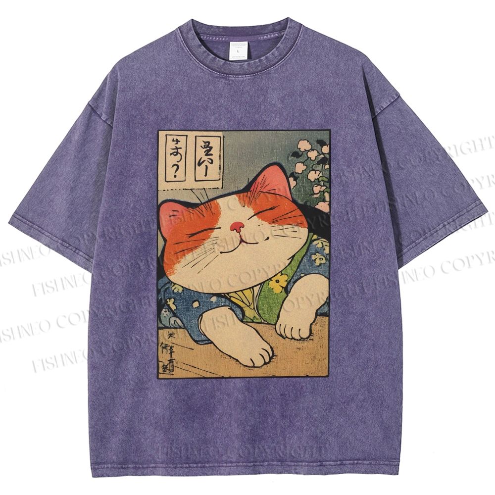Unisex Japanese Vintage Cat Printed Washed Tee