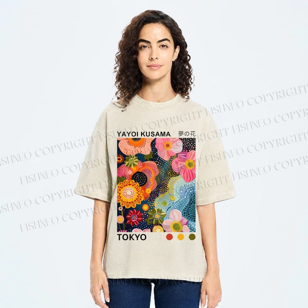 Unisex Yayoi Kusama Flower Near Pool Printed Washed Tee