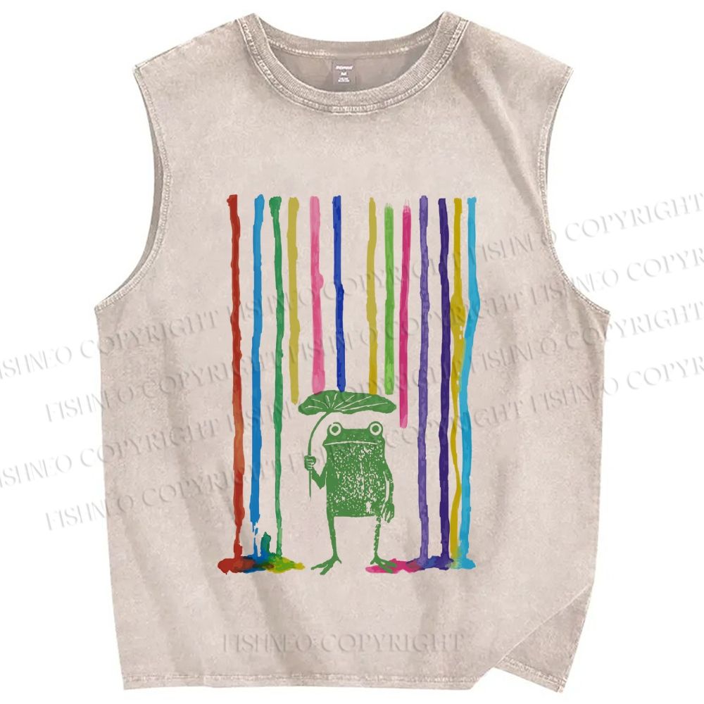 Unisex Frog Under The Rainbow Rain Printed Washed Tank Top