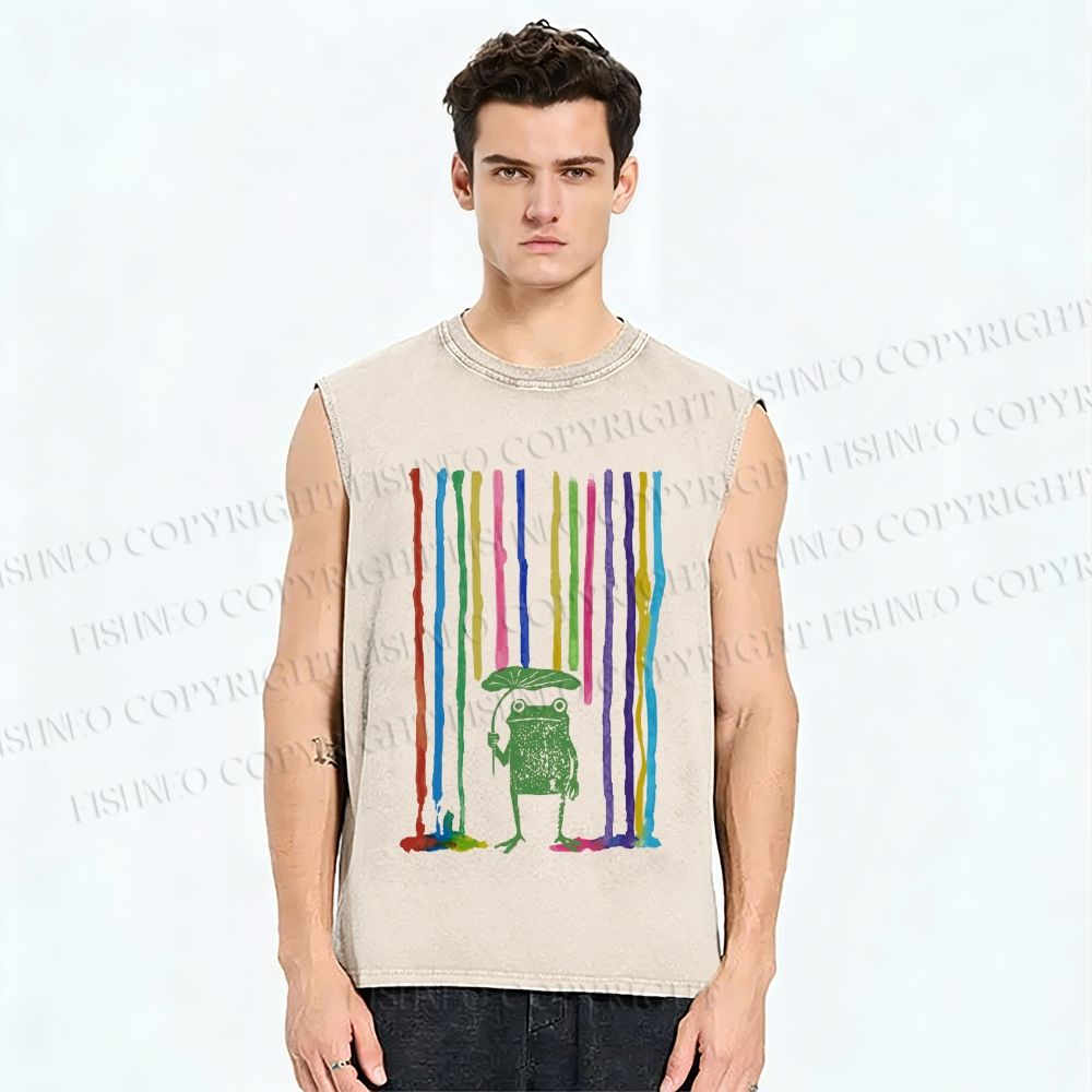 Unisex Frog Under The Rainbow Rain Printed Washed Tank Top