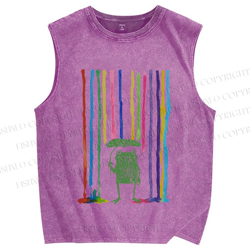 Unisex Frog Under The Rainbow Rain Printed Washed Tank Top