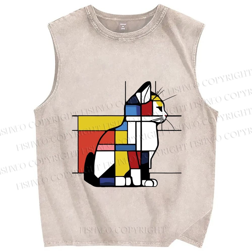 Unisex Geometric Cat Art In Primary Colors Printed Washed Tank Top