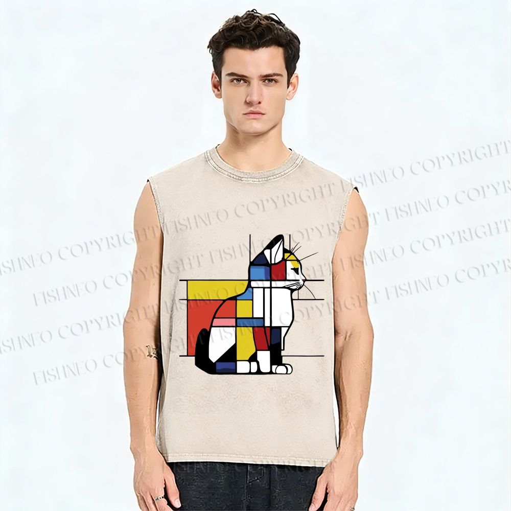 Unisex Geometric Cat Art In Primary Colors Printed Washed Tank Top