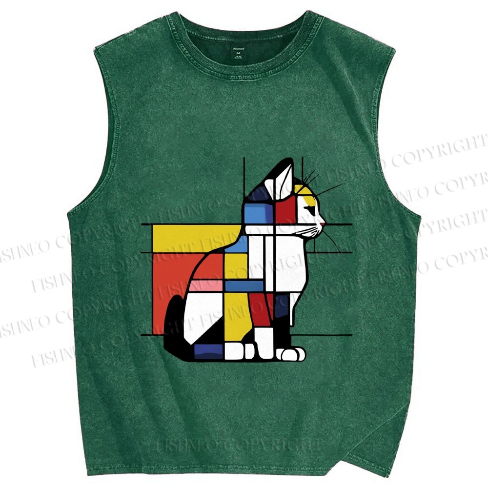 Unisex Geometric Cat Art In Primary Colors Printed Washed Tank Top