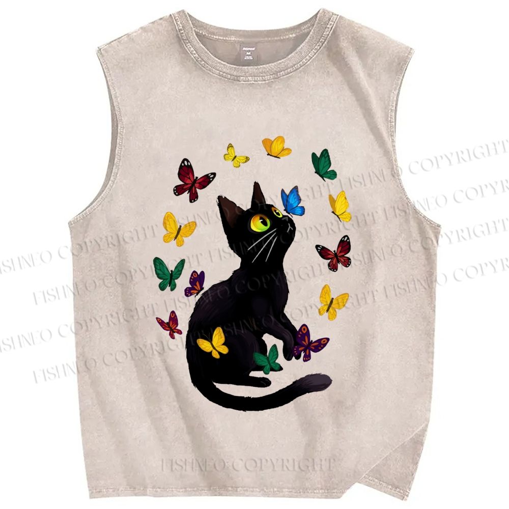Unisex Black Cat Playing With Colorful Butterflies Printed Washed Tank Top