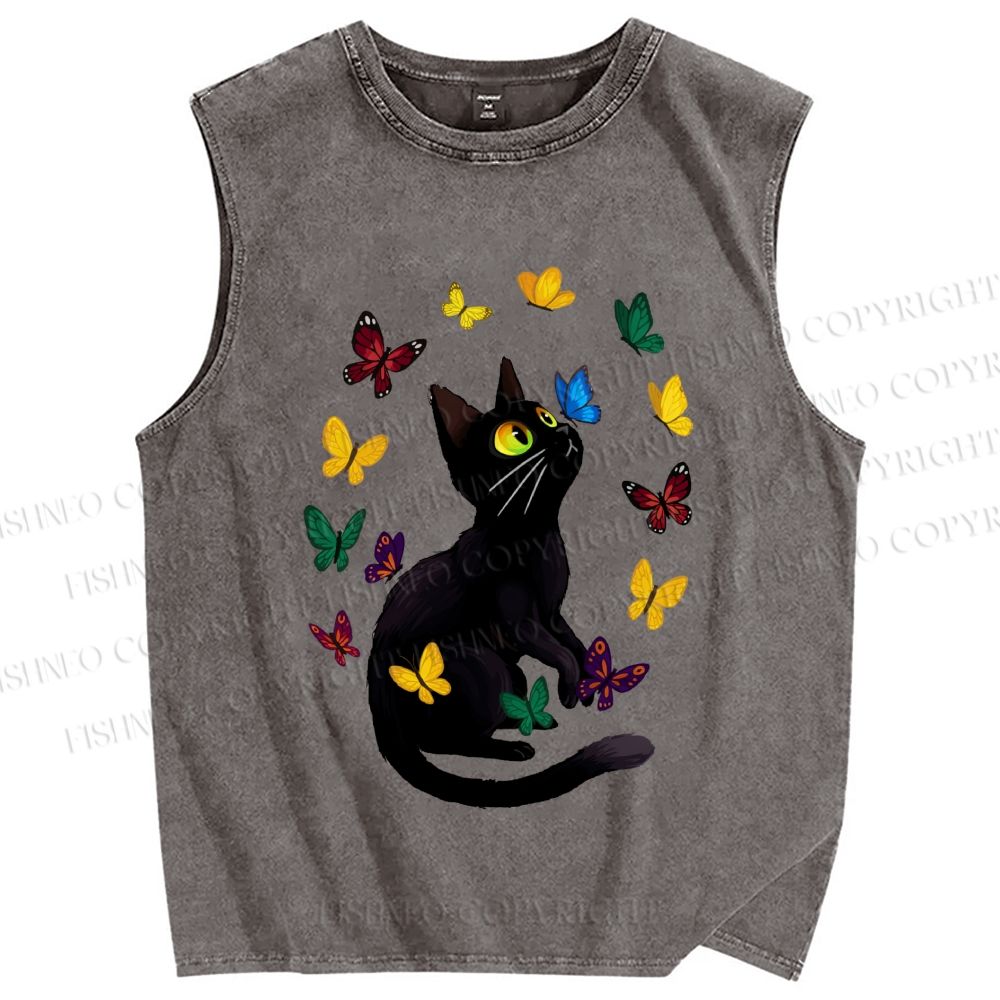 Unisex Black Cat Playing With Colorful Butterflies Printed Washed Tank Top