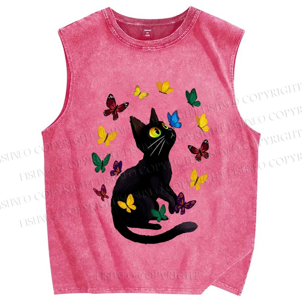 Unisex Black Cat Playing With Colorful Butterflies Printed Washed Tank Top