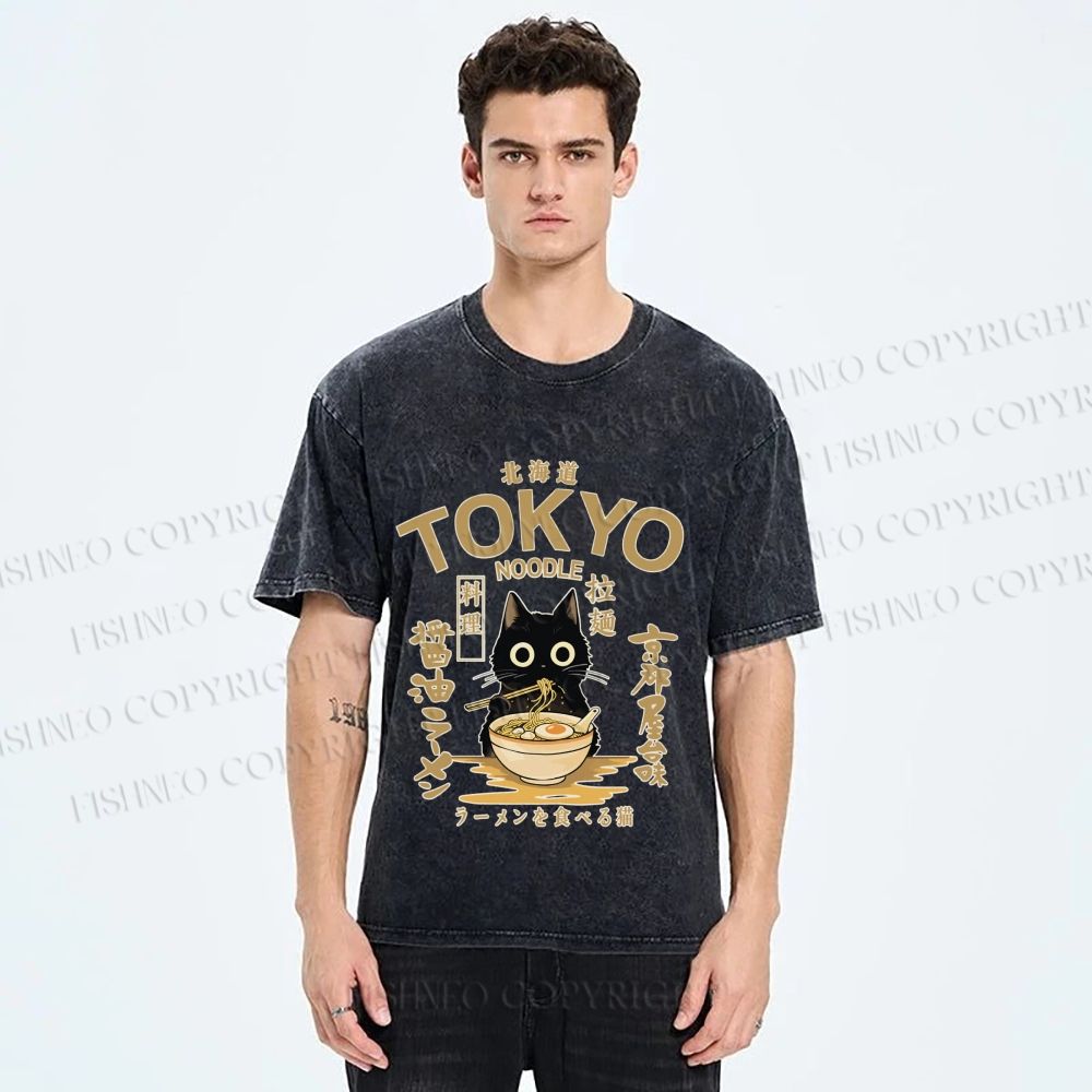 Unisex Black Cat Enjoys Warm Ramen Bowl Printed Washed Tee