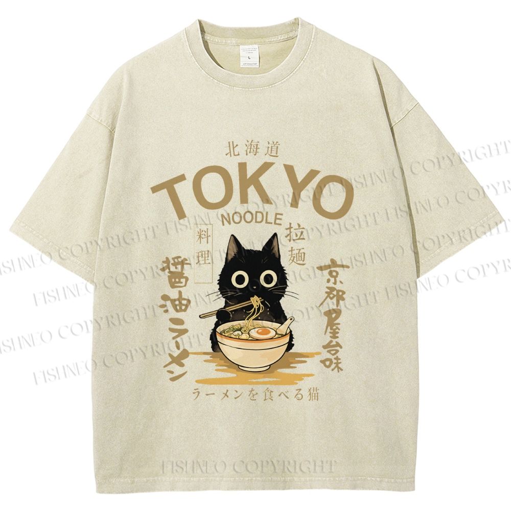 Unisex Black Cat Enjoys Warm Ramen Bowl Printed Washed Tee