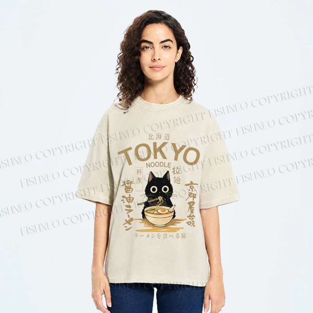 Unisex Black Cat Enjoys Warm Ramen Bowl Printed Washed Tee
