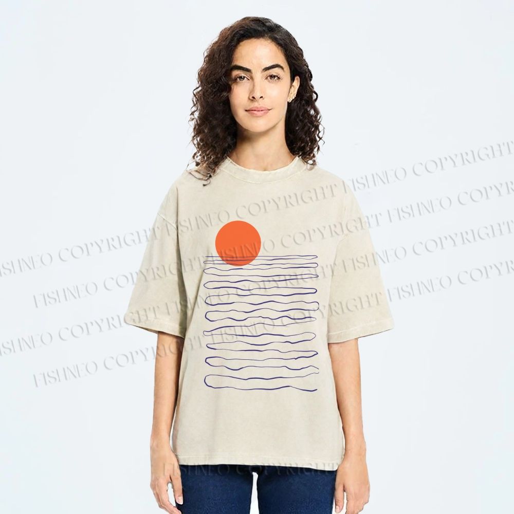 Unisex Sea Wave Sunset Printed Washed Tee