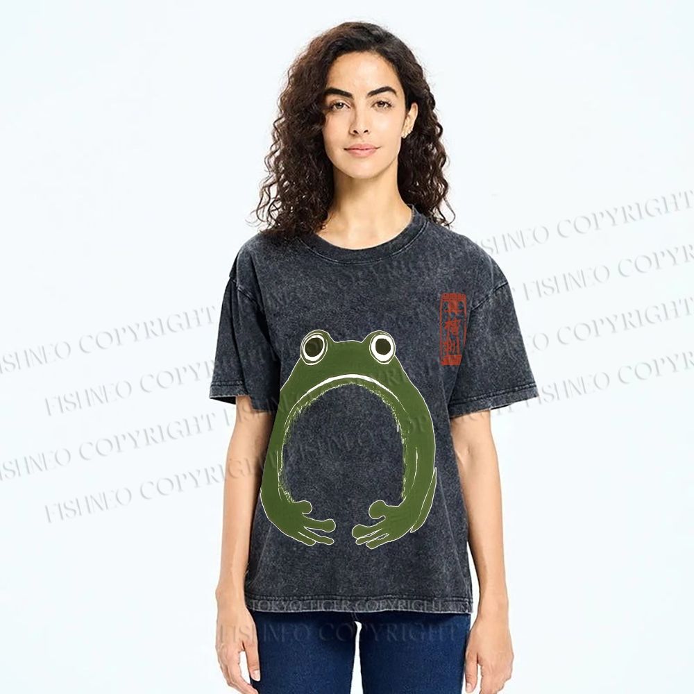 Unisex Japanese Frog Illustration Printed Washed Tee
