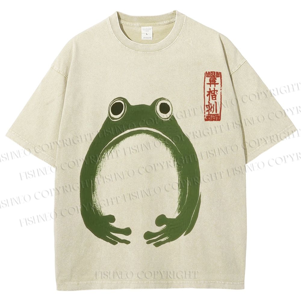 Unisex Japanese Frog Illustration Printed Washed Tee