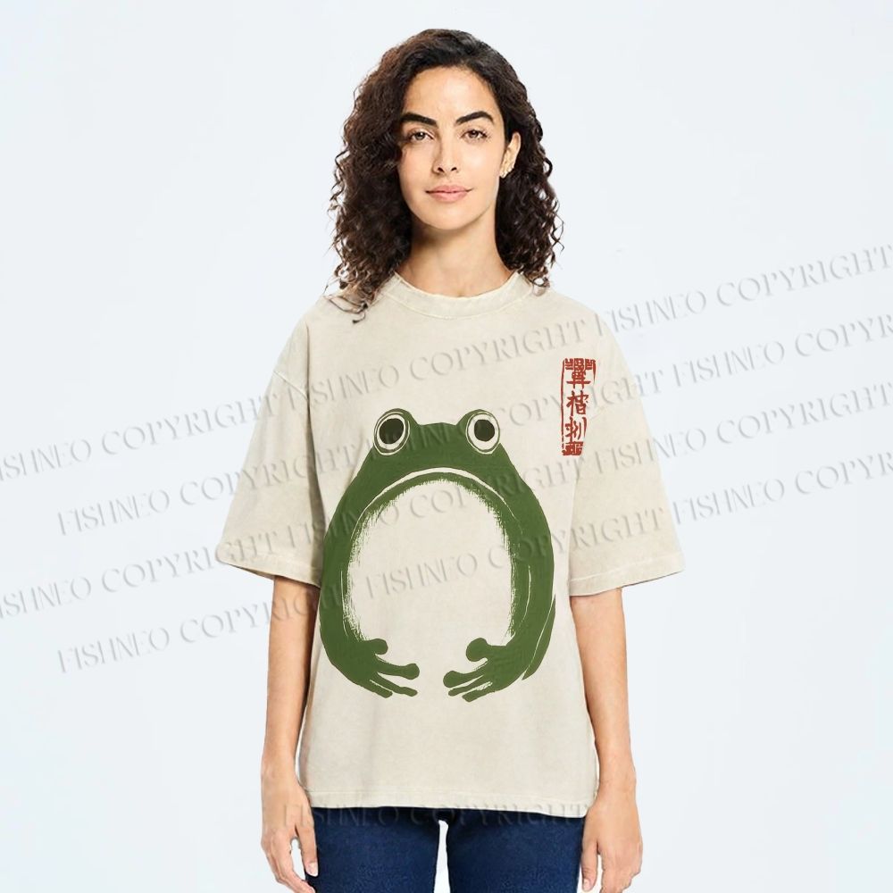 Unisex Japanese Frog Illustration Printed Washed Tee