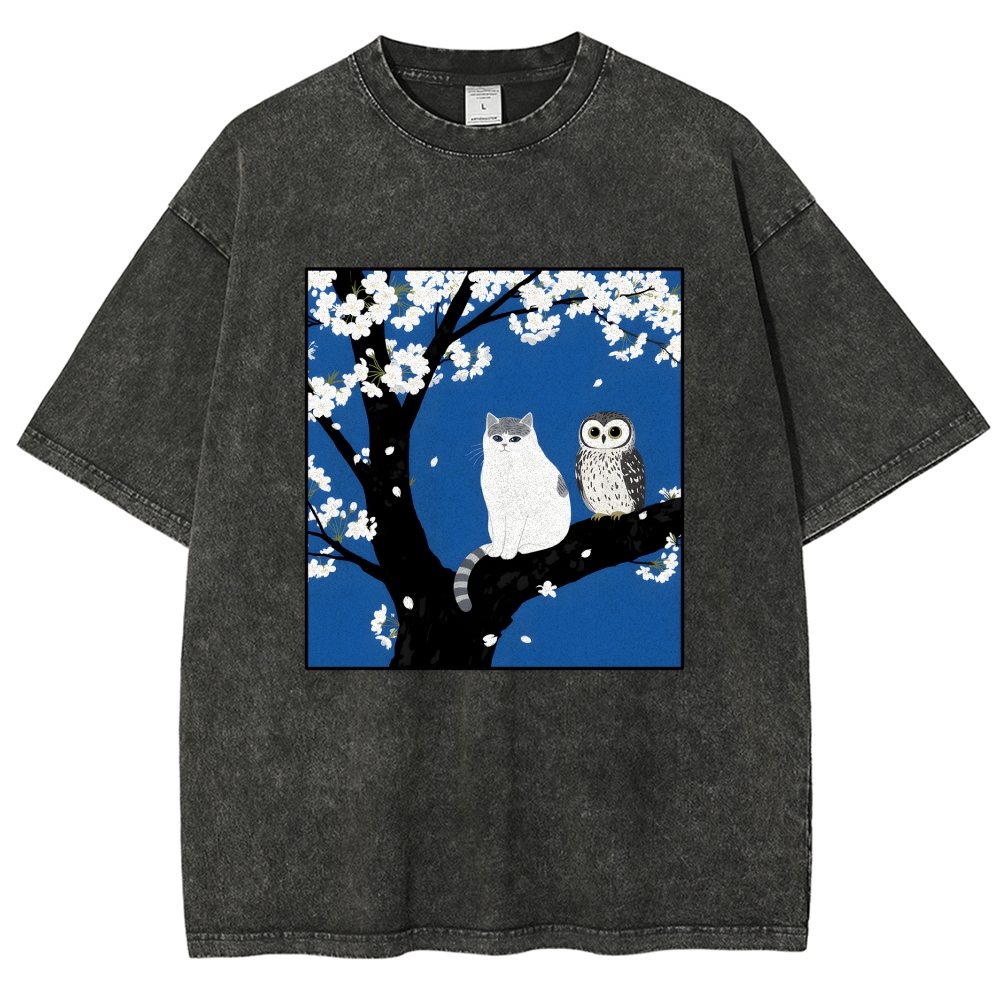 Unisex Cat And Owl Under Sakura Printed Washed Tee