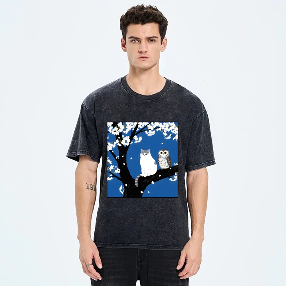 Unisex Cat And Owl Under Sakura Printed Washed Tee