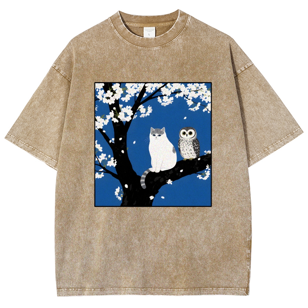 Unisex Cat And Owl Under Sakura Printed Washed Tee