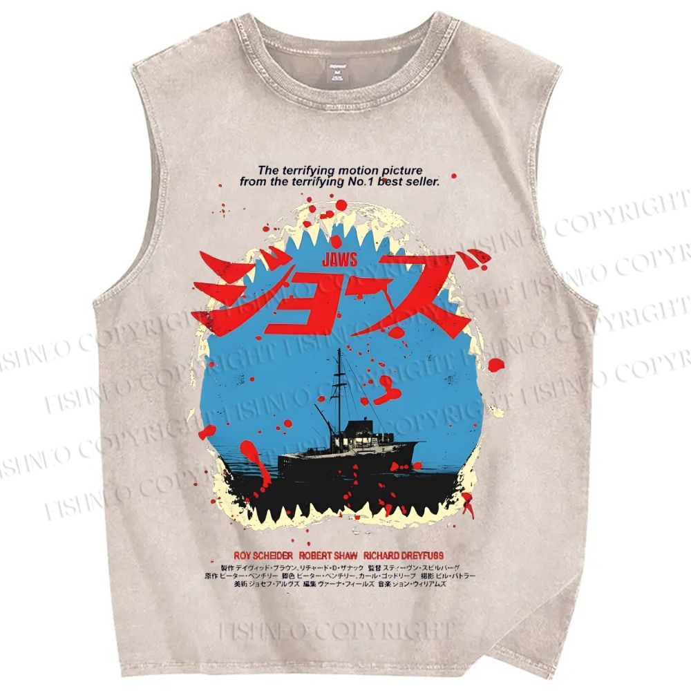 Unisex Jaws Printed Washed Tank Top