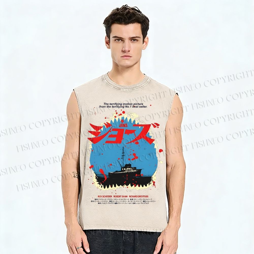 Unisex Jaws Printed Washed Tank Top