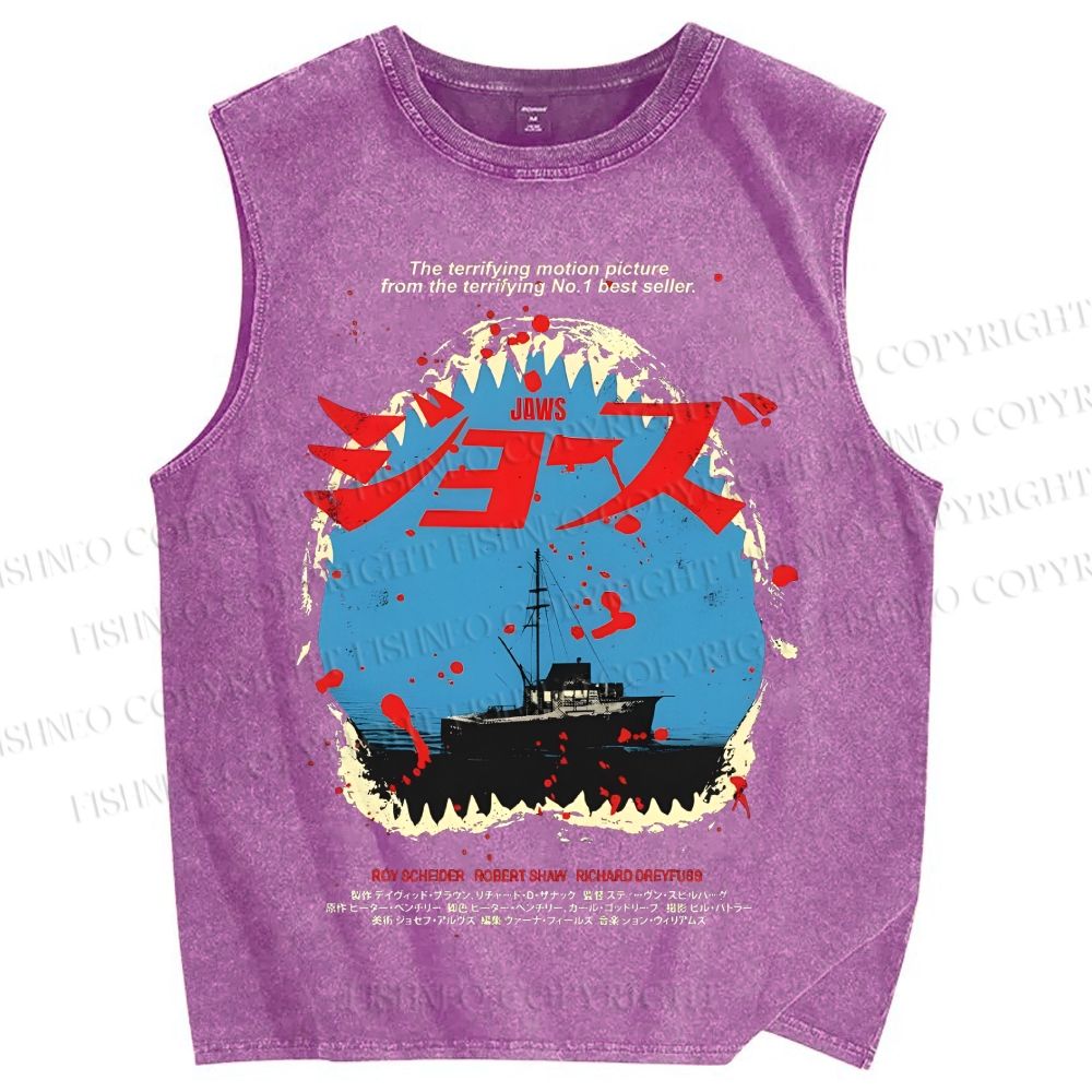 Unisex Jaws Printed Washed Tank Top