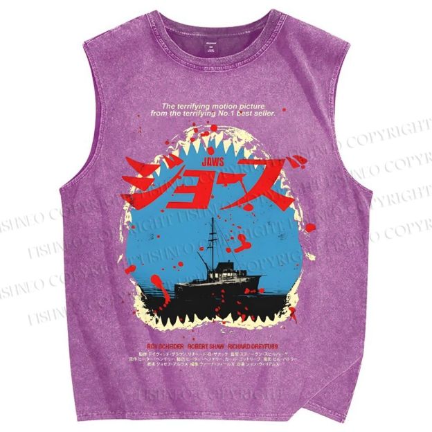 Unisex Jaws Printed Washed Tank Top
