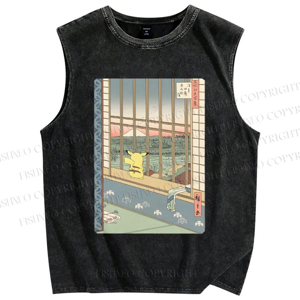 Unisex Ukiyo-e Pikachu Printed Washed Tank Top