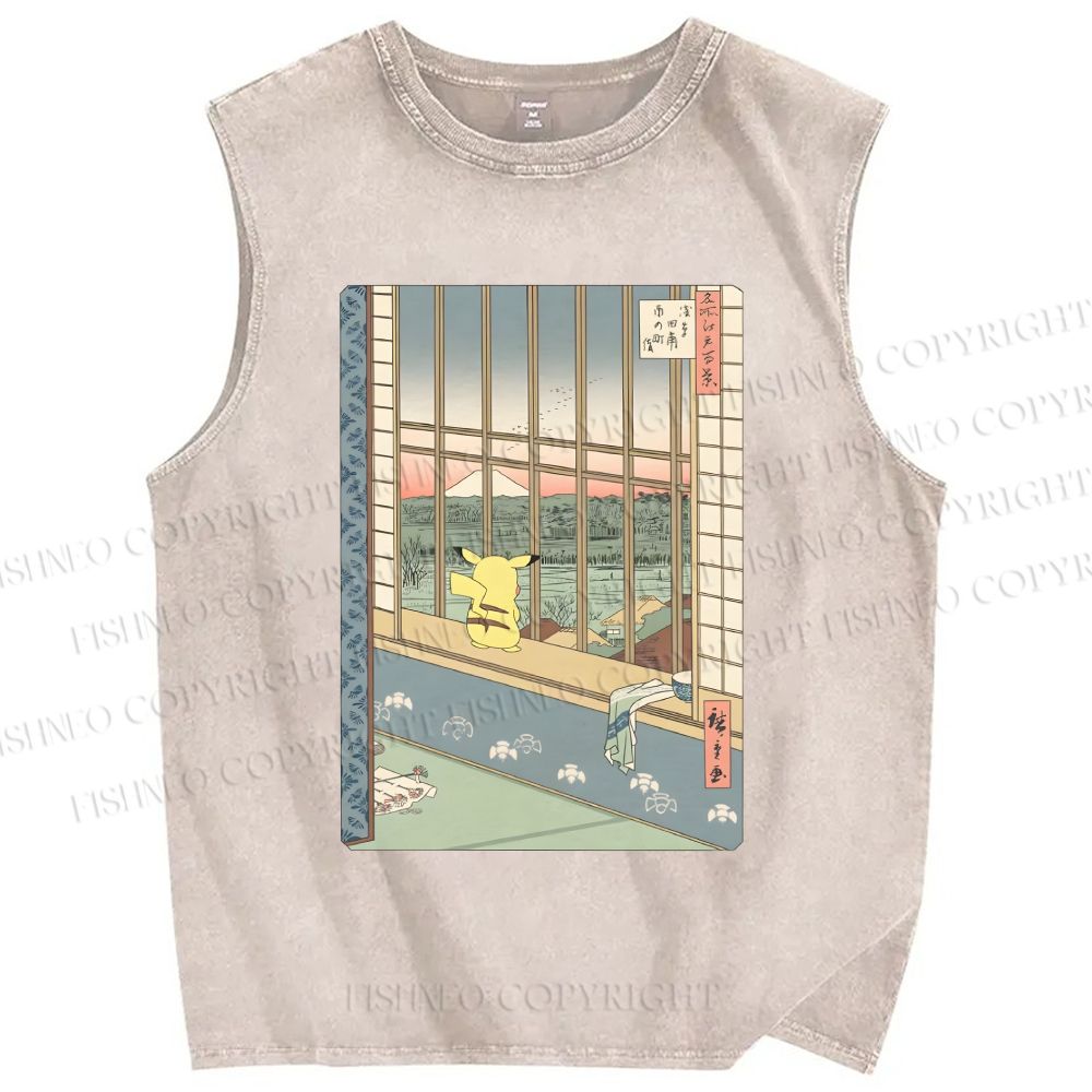 Unisex Ukiyo-e Pikachu Printed Washed Tank Top