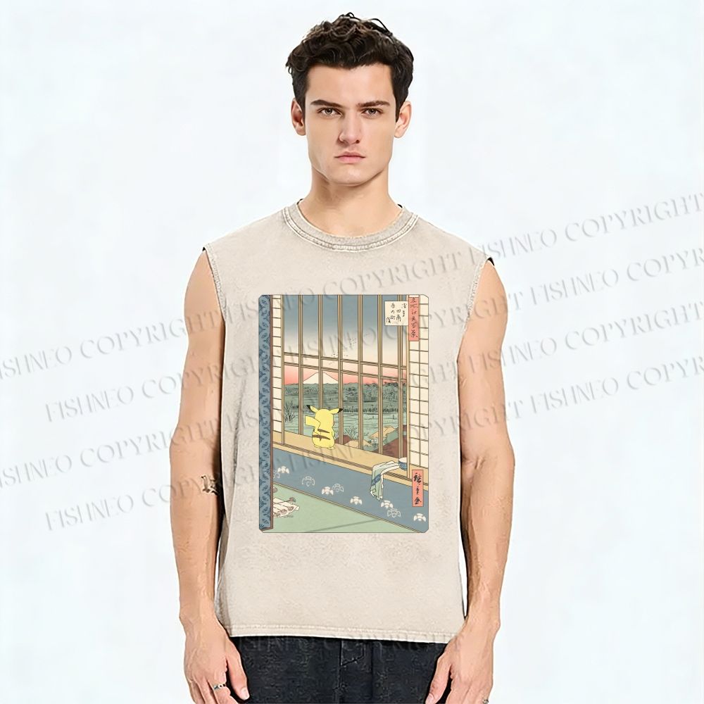 Unisex Ukiyo-e Pikachu Printed Washed Tank Top