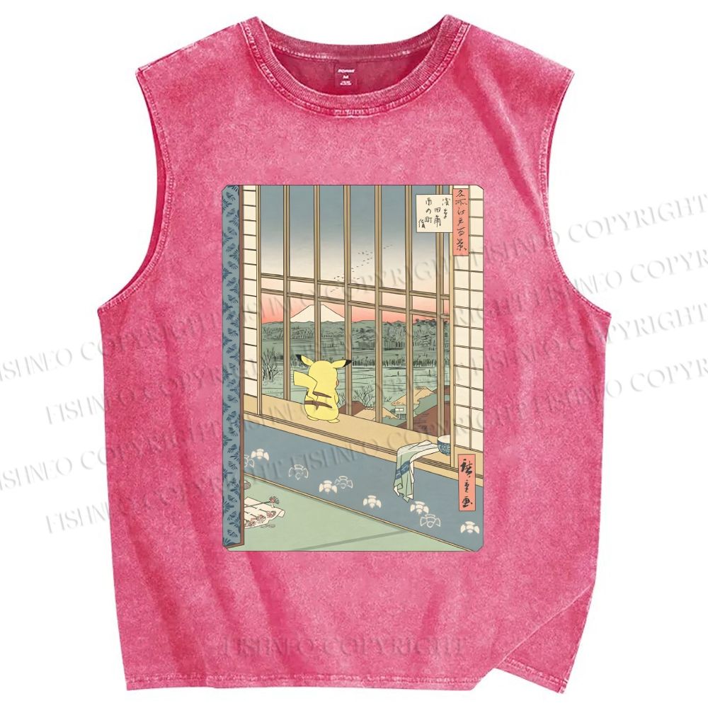 Unisex Ukiyo-e Pikachu Printed Washed Tank Top