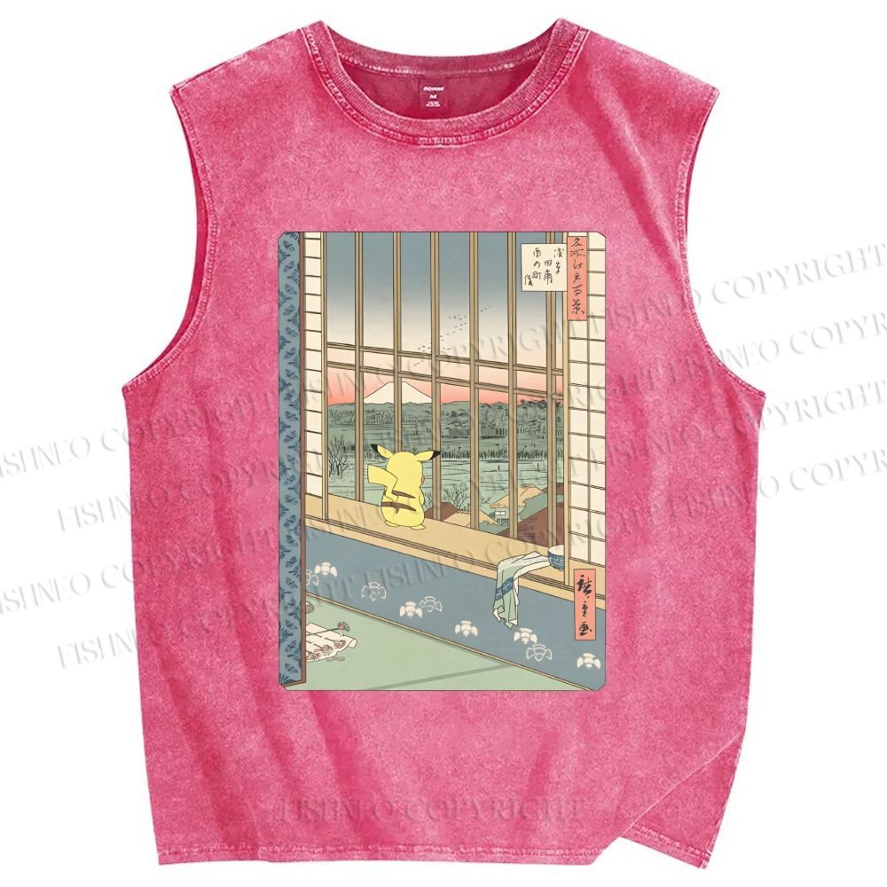 Unisex Ukiyo-e Pikachu Printed Washed Tank Top