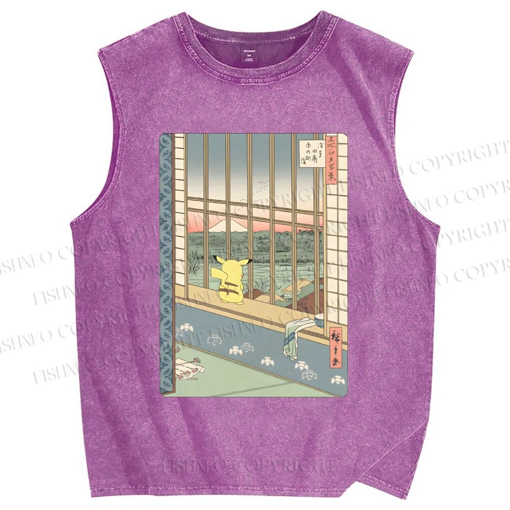 Unisex Ukiyo-e Pikachu Printed Washed Tank Top