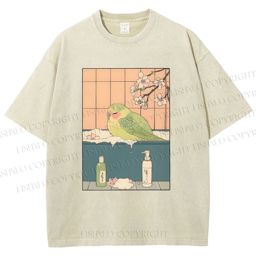 Unisex Parakeet in Bathtub Ukiyo-e Printed Washed Tee